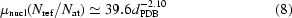 [\mu_{\rm nucl} (N_{\rm ref}/N_{\rm at}) \simeq 39.6 d_{\rm PDB}^{- 2.10} \eqno (8)]