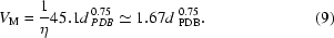 [V_{\rm M} = {1 \over \eta }45.1 d\,_{PDB}^{0.75} \simeq 1.67 d\;_{\rm PDB}^{0.75}. \eqno (9)]