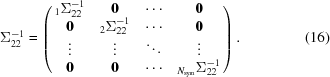 [\Sigma_{22}^{-1} = \left (\matrix {{}_1\Sigma_{22}^{-1} & {\bf 0} & \cdots & {\bf 0} \cr {\bf 0} & {}_2\Sigma_{22}^{-1} & \cdots & {\bf 0} \cr \vdots & \vdots & \ddots & \vdots \cr {\bf 0} & {\bf 0} & \cdots & {}_{N_{\rm sym}}\Sigma_{22}^{-1}} \right ). \eqno (16)]