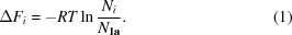 [\Delta {F_i} = - RT\ln {{{N_i}} \over {{N_{\bf 1a}}}}. \eqno(1)]