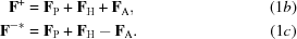 [\eqalignno { {\bf F}^+ &= {\bf F}_{\rm P} + {\bf F}_{\rm H} + {\bf F}_{\rm A}, & (1b) \cr {\bf F}^{-*} &= {\bf F}_{\rm P} + {\bf F}_{\rm H} - {\bf F}_{\rm A}. & (1c)}]