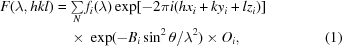 [\eqalignno {F(\lambda, hkl) &= \textstyle \sum \limits_N f_i(\lambda)\exp [- 2\pi i(hx_i + ky_i + lz_i)] \cr &\ \quad {\times}\ \exp (-B_i\sin^2\theta/\lambda ^2) \times O_i, &(1)}]