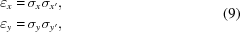 [\eqalign{ \varepsilon _{x} = & \, \sigma _{x} \sigma _{x^{\prime}} , \cr \varepsilon _{y} = & \, \sigma _{y} \sigma _{y^{\prime}} ,} \eqno(9)]