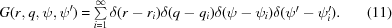 [G(r,q,\psi,\psi^\prime) = \textstyle\sum\limits_{i = 1}^{\infty} \delta(r-r_i)\delta(q-q_i)\delta(\psi-\psi_i)\delta(\psi^\prime-\psi_i^\prime). \eqno (11)]