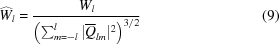 [\widehat{W}_l = {{W_l} \over {\left(\sum_{m = -l}^{l}\vert{\overline{Q}_{lm}} \vert^2\right)^{3/2}}} \eqno (9)]