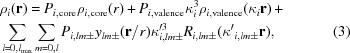 [\eqalignno { & {\rho _i}({\bf{r}}) = {P_{i,{\rm core}}}{\rho _{i,{\rm core}}}({\it{r}}) + {P_{i,{\rm valence}}}\kappa _i^3{\rho _{i,{\rm valence}}}(\kappa _i{\bf{r}})\, + \cr & \sum_{l = 0, l_{\rm max }} \sum_{m = 0,l} P_{i,lm \pm} y_{lm \pm } ({\bf r}/r)\kappa ^{\prime 3}_{i,lm \pm} R_{i,lm \pm} ({\kappa ^\prime}_{i,lm \pm}{\bf{r}}), & (3)}]