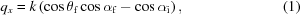 [q_{x} = k \left( \cos\theta_{\rm{f}}\cos\alpha_{\rm{f}}-\cos\alpha_{\rm{i}} \right), \eqno(1)]