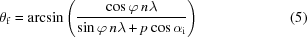 [\theta_{\rm{f}} = \arcsin \left( {{ \cos\varphi\,n\lambda }\over{ \sin\varphi\, n\lambda+p\cos\alpha_{\rm{i}} }} \right) \eqno (5)]