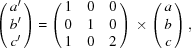 [\left(\matrix{a\rm {'}\cr b\rm {'}\cr c\rm {'}}\right) = \left(\matrix{1& 0& 0\cr 0& 1& 0\cr 1& 0& 2}\right)\times \left(\matrix{a\cr b\cr c}\right),]