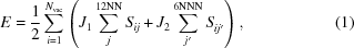 [E = {{1}\over{2}} \sum_{i = 1}^{{N}_{\rm vac}}\left({J}_{1}\sum _{j}^{12\rm NN}{S}_{ij}+{J}_{2}\sum _{j^{\prime}}^{6\rm NNN}{S}_{ij^{\prime}}^{}\right), \eqno (1)]