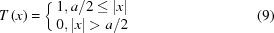 [T\left(x\right) = \left\{\matrix{1, {{a}/{2}}\le |x| \cr 0, |x| \gt {{a}/{2}}}\right . \eqno (9)]