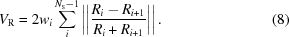 [\displaystyle V_{{\rm R}} = 2w_{i}\sum _{i}^{{N_{\rm S}-1}}\left|\left|{{R_{i}-R_{{i+1}}} \over {R_{i}+R_{{i+1}}}}\right|\right|. \eqno (8)]