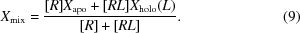 [\displaystyle X_{{\rm mix}} = {{{ [R]}X_{{\rm apo}}+{ [RL]}X_{{\rm holo}}({ L})} \over {{ [R]+[RL]}}}. \eqno (9)]