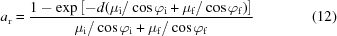 [a_{\rm{r}}= {{ 1-\exp\left[-d(\mu_{\rm{i}}/\cos\varphi_{\rm{i}}+\mu_{\rm{f}}/\cos\varphi_{\rm{f}})\right] }\over{ \mu_{\rm{i}}/\cos\varphi_{\rm{i}}+\mu_{\rm{f}}/\cos\varphi_{\rm{f}} }} \eqno(12)]