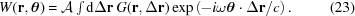 [W({\bf{r}},\boldtheta) = {\cal A} \textstyle \int {\rm{d}}\Delta{\bf{r}}\,G({\bf{r}}, \Delta{\bf{r}}) \exp\left( -i\omega{\boldtheta} \cdot \Delta{\bf{r}}/c\right). \eqno(23)]