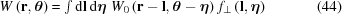 [W\left({\bf{r}},{\boldtheta}\right) = \textstyle\int{\rm{d}}{\bf{l}}\, {\rm{d}}\boldeta\,\, W_0\left({\bf{r}}-{\bf{l}},{\boldtheta}-\boldeta\right) \, f_\bot\left({\bf{l}},\boldeta\right)\eqno(44)]