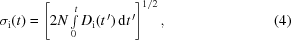 [\sigma_{\rm{i}}(t)= \left[2N\textstyle\int\limits_0^t D_{\rm{i}}(t^{\,\prime})\,{\rm{d}}t^{\,\prime}\right]^{1/2},\eqno(4)]