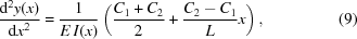 [{{{{\rm{d}}^2}y(x)}\over{{\rm{d}}{x^2}}}= {1\over{E\,I(x)}} \left({{{{C_1}+{C_2}}\over2} + {{{C_2}-{C_1}}\over{L}}x}\right), \eqno(9)]