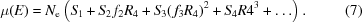 [\mu(E) = N_{\rm e} \left(S_1 + S_2 \,f_2 R_4 + S_3 (\,f_3 R_4)^2 + S_4 R4^3 + \ldots \right).\eqno(7)]