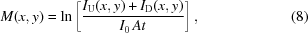 [M(x,y)= \ln\left[ {{{{I_{\rm{U}}}(x,y)+{I_{\rm{D}}}(x,y)} \over {{I_0}\,At}}}\right], \eqno(8)]