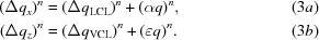 [\eqalignno{ {(\Delta{q_x})^n}&= {(\Delta{q_{\rm{LCL}}})^n}+{\left({\alpha q}\right)^n},&(3a) \cr {(\Delta{q_z})^n}&={(\Delta{q_{\rm{VCL}}})^n}+{\left({\varepsilon q}\right)^n}.&(3b)}]