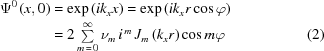 [\eqalignno{ {\Psi ^{\rm 0}}\left({x,0}\right) & = \exp \left({i{k_x}x} \right) = \exp \left({i{k_x}r\cos \varphi } \right) \cr& = 2\textstyle\sum\limits_{m\,=\,0}^\infty {{\nu_m}\,{i^{\,m}}\,{J_m}\left({{k_x}r} \right)\cos m\varphi } &(2)}]