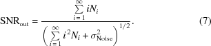 [{\rm{SNR}}_{\rm{out}}= {{ \textstyle\sum\limits_{i\,=\,1}^{\infty}i{N}_{i} }\over{ \left(\,\textstyle\sum\limits_{i\,=\,1}^{\infty}{i}^{\,2} {N}_{i}+{\sigma}_{{\rm{Noise}}}^{2} \right)^{1/2} }}. \eqno(7)]