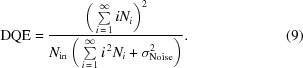 [{\rm{DQE}}= {{{\left(\,\textstyle\sum\limits_{i\,=\,1}^{\infty}i {N}_{i}\right)}^{2}}\over{{N}_{\rm{in}}\left(\,\textstyle\sum\limits_{i\,=\,1}^{\infty}{i}^{\,2} {N}_{i}+{\sigma}_{{\rm{Noise}}}^{2}\right)}} .\eqno (9)]