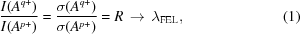 [{{I(A^{{q+}})}\over{I(A^{{p+}})}} = {{\sigma(A^{{q+}})}\over{\sigma(A^{{p+}})}} = R\,\rightarrow\,\lambda_{\rm{FEL}},\eqno(1)]