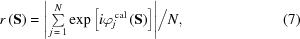 [r\left({\bf{S}} \right) = {{ \left|\,{\textstyle\sum\limits_{j\,=\,1}^N} \exp\left[i\varphi_j^{\,{\rm{cal}}}\left({\bf{S}}\right)\right]\right| }\Big/{ N }}, \eqno(7)]