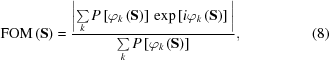 [{\rm{FOM}}\left({\bf{S}}\right) = {{ \left| {\textstyle\sum\limits_k {{\rm{ }}P\left[{{\varphi_k}\left({\bf{S}} \right)} \right]{\rm{ }}\exp \left [{i{\varphi_k}\left({\bf{S}} \right)} \right]\,} } \right|} \over {\textstyle\sum\limits_k {{\rm{ }}P\left[{{\varphi _k}\left({\bf{S}} \right)} \right]} }}, \eqno(8)]