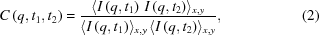 [C\left(q,t_{1},t_{2}\right) = {{ \langle I\left(q,t_{1}\right)\,I\left(q,t_{2}\right)\rangle_{{x,y}} }\over{ {\langle I\left(q,t_{1}\right)\rangle_{{x,y}}}\,{\langle I\left(q,t_{2}\right)\rangle_{{x,y}}} }},\eqno(2)]