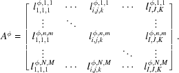 [{A^\phi} = \left [{\matrix{ {l_{1,1,1}^{\,\phi, 1,1}} & \cdots & {l_{i,j,k}^{\,\phi, 1,1}} & \cdots & {l_{I,J,K}^{\,\phi, 1,1}} \cr \vdots & \ddots & {} & {} & \vdots \cr {l_{1,1,1}^{\,\phi, n,m}} & {} & {l_{i,j,k}^{\,\phi, n,m}} & {} & {l_{I,J,K}^{\,\phi, n,m}} \cr \vdots & {} & {} & \ddots & \vdots \cr {l_{1,1,1}^{\,\phi, N,M}} & \cdots & {l_{i,j,k}^{\,\phi, N,M}} & \cdots & {l_{I,J,K}^{\,\phi, N,M}} \cr } } \right].]