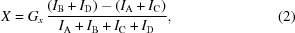 [X = G_{x}\, {{(I_{{\rm{B}}}+I_{{\rm{D}}})-(I_{{\rm{A}}}+I_{{\rm{C}}})} \over {I_{{\rm{A}}}+I_{{\rm{B}}}+I_{{\rm{C}}}+I_{{\rm{D}}}}}, \eqno(2)]