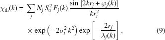 [\eqalignno{\chi_{\rm{th}}(k) = {}& \sum\limits_j N_j\,S_0^{\,2}\,F_j(k)\,{{\sin\left[2kr_j+\varphi_j(k)\right]}\over{kr_j^2}} \cr& \times \exp\left(-2\sigma_j^2\,k^2\right) \exp\left[-{{2r_j}\over{\lambda_j(k)}}\right], &(9)}]