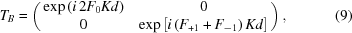 [T_B = \left ( \matrix{ \exp{\left ( i\, 2F_0 K d \right )} & 0 \cr 0 & \exp{\left [ i \left ( F_{+1} + F_{-1} \right ) K d \right ] }} \right ) , \eqno(9)]