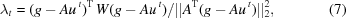 [{\lambda_t} = {(g - A{u^{\,t}})^{\rm T}}\, W(g - A{u^{\,t}})/||{A^{\rm T}}(g - A{u^{\,t}})||_2^2, \eqno(7)]