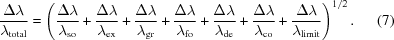 [{{\Delta \lambda} \over {\lambda_{\rm total}}} = \left ( {{\Delta \lambda} \over {\lambda_{\rm so}}} + {{\Delta \lambda} \over {\lambda_{\rm ex}}} + {{\Delta \lambda} \over {\lambda_{\rm gr}}} + {{\Delta \lambda} \over {\lambda_{\rm fo}}} + {{\Delta \lambda} \over {\lambda_{\rm de}}} + {{\Delta \lambda} \over {\lambda_{\rm co}}} + {{\Delta \lambda} \over {\lambda_{\rm limit}}} \right )^{1/2} . \eqno (7)]