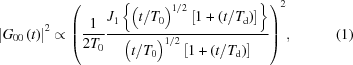 [{\left| {{G_{00}}\left(t \right)} \right|^2} \propto {\left ({{1 \over {2{T_0}}}{{{J_1}\left \{{{\bigl({t / {T_0}}\bigr)^{1/2}} \left[{1 + ({t / {{T_{\rm{d}}})}}} \right]} \right\}} \over {{\bigl({t / {T_0}}\bigr)^{1/2}} \left[{1 + ({t / {{T_{\rm{d}}})}}} \right]}}} \right)^2}, \eqno (1)]